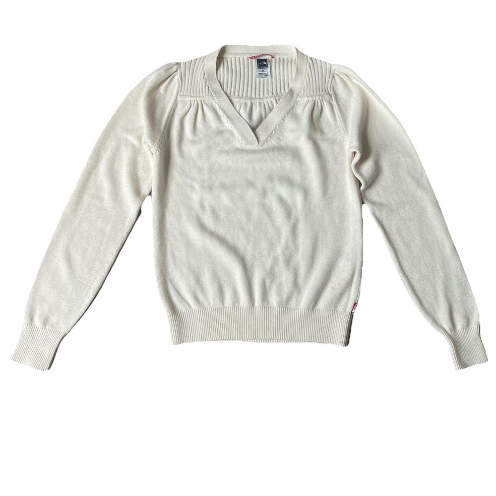 Vintage North Face Women's Medium Ivory V-Neck Wool Blend Puff Sleeve